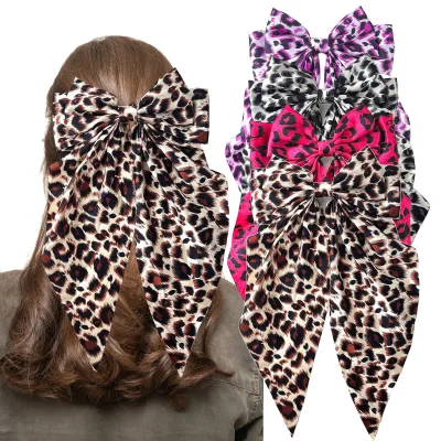 Women Hot Sale Fabric Bowknot Hair Barrette Large Leopard Hair Bow with Long Tail