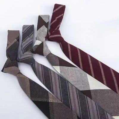 Men's Formal Tie 7 cm British Vintage Casual Style Women's Preppy Cotton-Linen Khaki Yellow Striped Tie