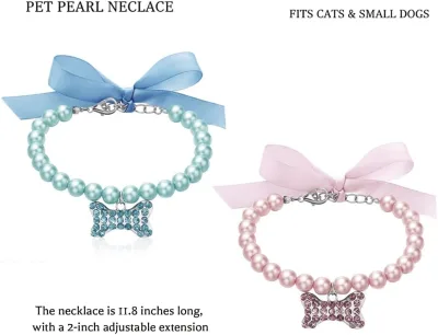 Elegant Pet Pearl Necklace with Crystal Bone Charm, Pink and Blue, 11.8 Inches with 2-Inch Extension, for Cats and Small Dogs