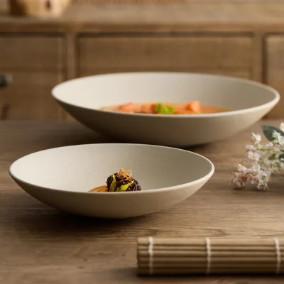 Household High-end Feel New Style Western Food Soup Plate Microwave Safe Round Solid Pattern Vintage Light Luxury Design