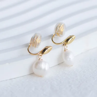 18K Gold Plated Copper Trendy Retro Glossy Water Drop Imitation Pearl Clip-on Earrings Luxury Jewelry