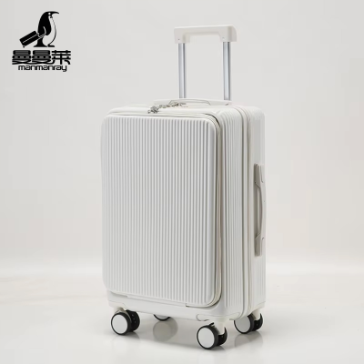 Durable ABS PC Lightweight Front Open Travel Luggage White Suitcase with USB 20 24 26 Inch Carry on Suitcase