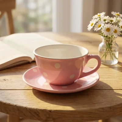 Wholesale Pink Color Galzed Personalized Tea Cups and Saucers