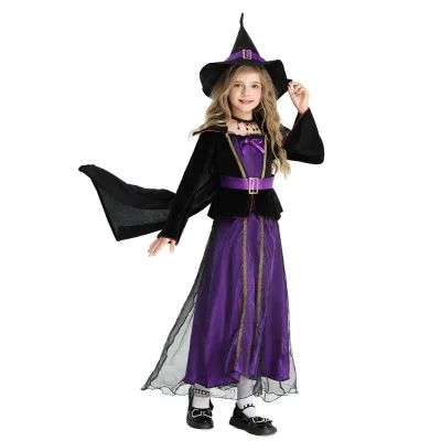 Girls Purple Witch Costume Kids Halloween Witch Dress Carnival Party Stage Performance Outfit
