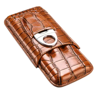Portable PU Leather Cigar Cutter Case with Tool Travel Storage Box for Men 3-Cigar Capacity