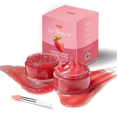 Private Label Lip Care Kit Strawberry Lip Treatment Sleeping Mask & Exfoliator Scrub for Dry Chapped Cracked Peel Lips Repair