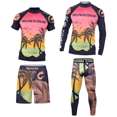 New Men's UPF50 Breathable Nylon Rash Guard Sets for Surfing BJJ Running with UV Sun Protection Leggings Pants