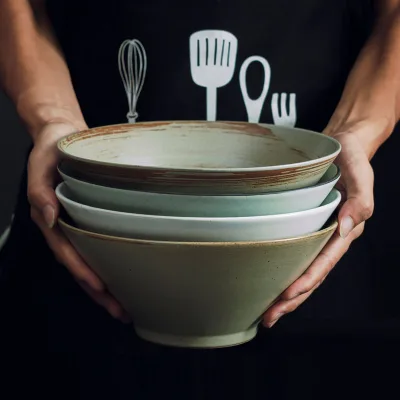 Retro Style Handmade Irregular Stoneware Bowls Ceramic Bowls Plate for Cereal Soup Salad Rustic Reactive Glaze Mixing Bowls