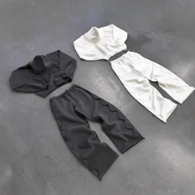 Manufacturers Custom Unisex Cotton Polyester Blank Tracksuits Cropped Ripped Pullover Hoodie And Sweatpants Sets For Men