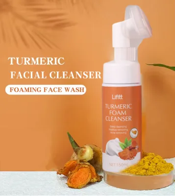 LIFITT OEM ODM Lightening Skin Care Mousse Beauty Turmeric Foaming Facial Cleanser Pore Anti-Acne Face Wash with Brush