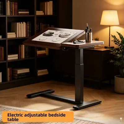Modern Wood Framed Electric Height-Adjustable Desk with Tiltable Tabletop Overbed Side Table Wheels for Working Drawing Studying