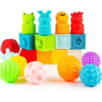 Baby Soft Stacking Blocks Sensory Toys Textured Multi Ball Set, Water Animals BathsToy for Bay