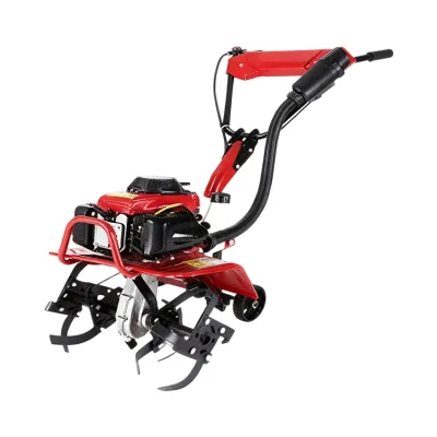 11HP Gasoline Mini Tiller features like an easy-access air filter, tool-free tire adjustments, and a corrosion-resistant finish