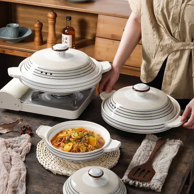 Cream White Striped Ceramic Casserole Pot With Lid Dual-Handle High-Temp Resistant Shallow Clay Pot for Gas Stove Cooking