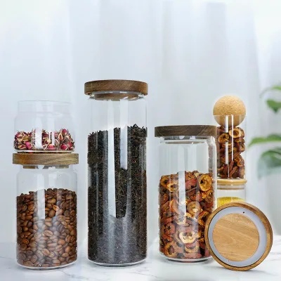 Round Glass Canister Private Labels Wide Mouth Home Use Jar Food Container Glass Sugar Tea Coffee Storage Jar with Acacia Lid