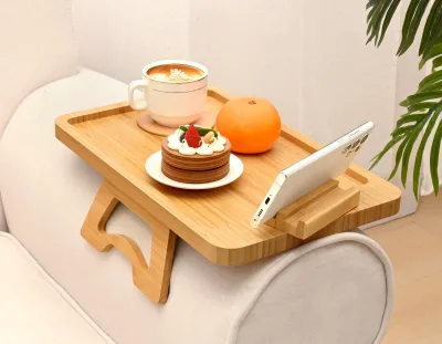 Bamboo Sofa Arm Tray Table, Foldable Couch Sofa Tray, Clip on Armrest Tray With 360°Rotating Bracket for Phone & Pad