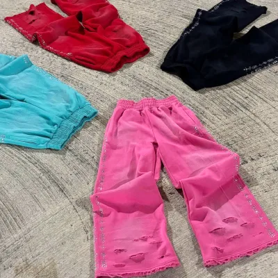 Men's Sweatpants Custom Washed Screen Printed Torn Elastic Hip-Pop High Street Fashion Pink Rhinestone Sun Faded Sweatpants Men
