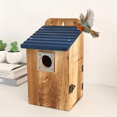 Wooden Blue-roofed Parrot Nest Birdhouse Outdoor Courtyard Hanging Bird Feeder Garden Tree-Hanging