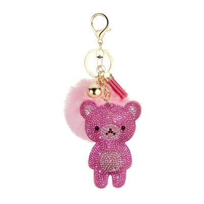 Party Decor Bear Key Chain Cute Cartoon Bling Crystal Rhinestone Little Bear Keychain with Plush Ball Birthday Favors Gift