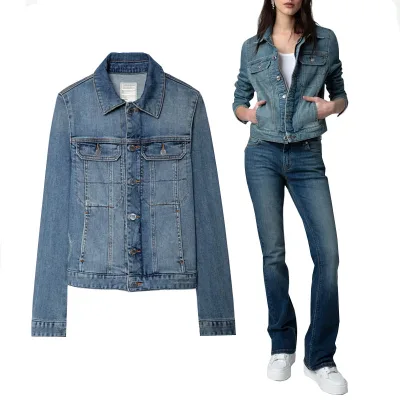 Street Wear Custom OEM Slightly Stretch Blue Jean Outdoor Motorcycle Jacket Women Beaded Denim Y2K Autumn/Winter/Summer Casual