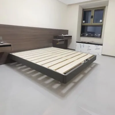 Minimalist Design Full-size Floating Double Luxury Wooden Frame Hanging Soft Bedroom Furniture Genuine Leather Adult Bed.