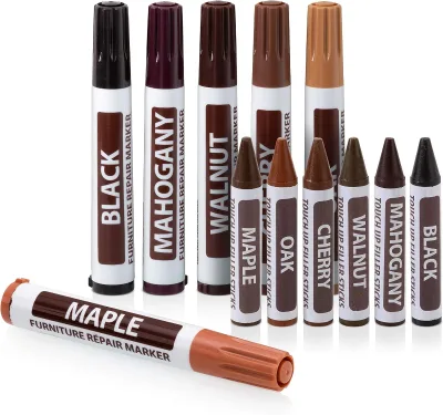 Bview Permanent Art Furniture Repair Kit with Wood Markers & Wax Sticks for Scratches & Stains on Wood Floors/Tables/Desks