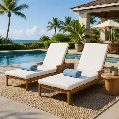 Outdoor Patio Teak Wood Chaise Lounge Chairs, Wicker Rattan Woven Sun Lounger with Cushion, for Poolside, Backyard, Deck