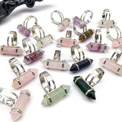 Natural Stone Crystal Hexagonal Pendulum Bullet Open Ring for Women Men Amethyst Rose Crystal Raw Stone Winding Gemstone Ring