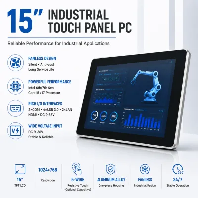 15 Inch Industrial HMI Touchscreen Computer 5-Wire Resistive Fanless 9-36V DC Wide Temperature Win10 Linux