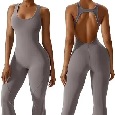 Women's Flared Jumpsuit With Bra Tummy Control Cutout Jumpsuit Workout Set Sleeveless One-piece Backless Jumpsuit