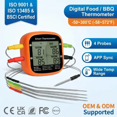 Smart Tuya Wireless Bluetooth Waterproof Digital Thermostat Meat Food 4 Probes Instant Read Timing Alarm Thermometer