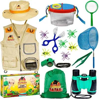 Nature Exploration Toy for Boys Girls Bug Catching Pack. Safari Vest & Hat Costume, Binoculars, Tweezers, Magnifying Glass