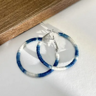 Cotton Wax Thread Hoop Earrings Blue White Gradient Vintage Style Women's Fashion Jewelry Handmade Boho 2026