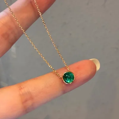 Vintage Round Cut Lab Grown Green Solitaire Pendant Necklace 18k Yellow Gold Jewelry Third Party Certified for Party