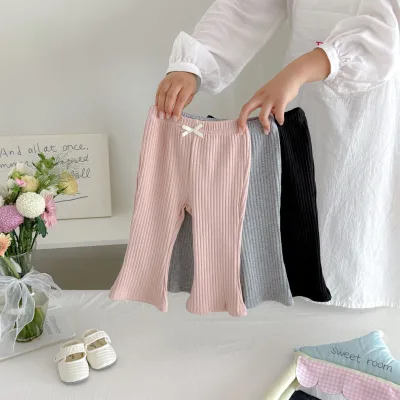 Spring Autumn Toddler Girl Cotton Solid Color Pit Strip Stretch Ruffle Trim Flared Base Baby Pants