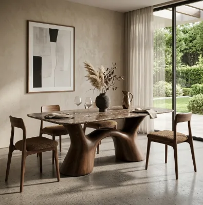Mid Century Rectangular Marble Top Dining Table,Creative Curved Integrated Wooden Base Dinner Table, Luxury Dining Furniture 71'