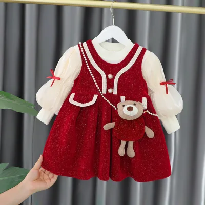 1619 Girls' Casual Solid Pattern Two-Piece Set Thickened Fleece Lined Vest Suspender Skirt for Children's First Birthday Winter