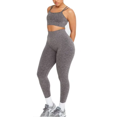 OEM Custom Heather Breathable Four Stretch Crop Vest Set High  Waist Legging Sporty Fitness Set for Women