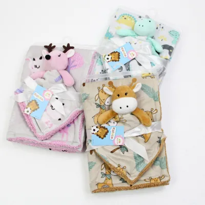 Soft Plush Animal Security Blankets for Boys and Girls, Baby Double-layer Blanket Set with Plush Animal comfort Cloth