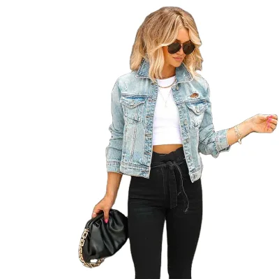 Custom Blue Denim Jacket Women Coats Denim Jackets Rips Holes Denim Shirts Wholesale