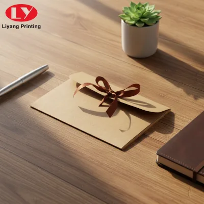 Custom Design Recycled Brown Kraft Paper Envelope With Ribbon Closure