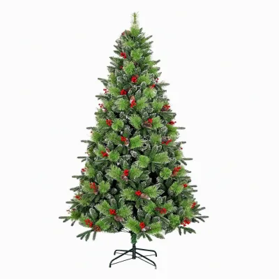 Dense Artificial Christmas Tree PE PVC Pine Needles Frosted Red Berries Pine Cones Decorated with Metal Stand Factory Direct