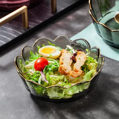 High Quality Luxury Colorful New Designed Food Container Lunch Bowl Creative Glassware Household Large Capacity Glass Salad Bowl