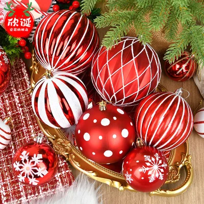 4-12CM Plastic UV Printed Red & White Christmas Ball Ornament Hanging on Tree & Wreath Rattan for Festive Decorations