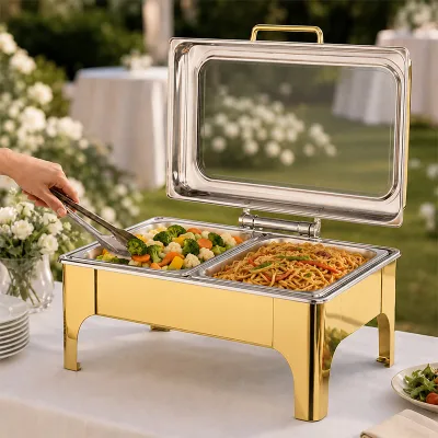 Allnice 9L Alcohol-Fueled Rectangular Gold Buffet Food Warmer Alcohol-Fueled Temperature Control for Hotels Weddings
