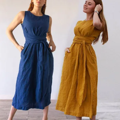 Fashion Sleeveless Waist Straps 100% Linen Slim Dress