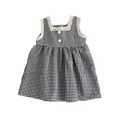 Girls Vest Suspender Dress Summer New Arrival Chic Lace-Trimmed Plaid Cotton A-line Skirt Trendy Mori-Style Princess Children