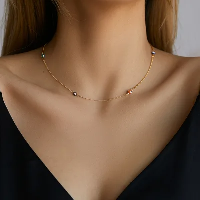 Copper-Plated 18K Gold Fashion New Design Link Necklace Colorful Eyes Charm Retro Collarbone Chain Necklace