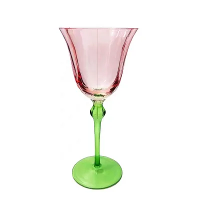 Vintage Green and Pink Flower Shaped Handmade 300ml Crystal Wine Glass Elegant Cocktail Glasses for Modern Home Decor Weddings