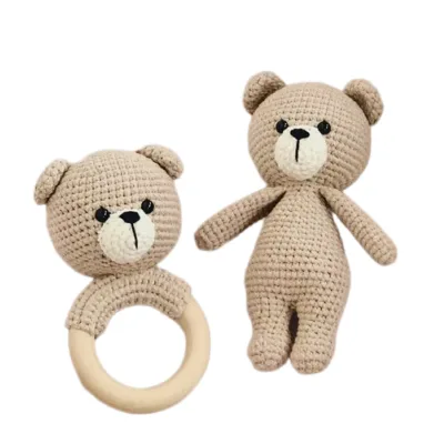 Wholesale Natural Wooden Ring Montessori Toys Crochet Baby Infant Teething 100% Handmade Amigurumi Animal Bear Rattle
